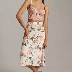 Anthropologie Tilda Floral Midi Slip Skirt XXS White Pink Green